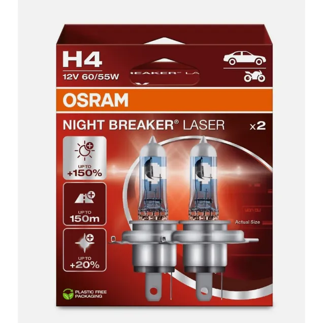 Автомобильная галогенная лампа OSRAM H4 12V 60/55W 1650/1000lm P43t NIGHT BREAKER LASER (комплект 2 шт) 64193NL-2HB