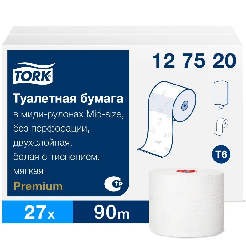 Бумага туалетная Tork Premium T6 2сл бел 100цел втул 90м 27рул/уп 127520 342335