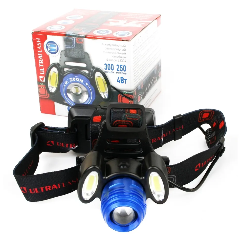 Фонарь налоб акк 3,7В, синий /черн, 3LED, 4 Ватт, фокус, 2 ак 4 реж, метал, бокс ULTRAFLASH E1334
