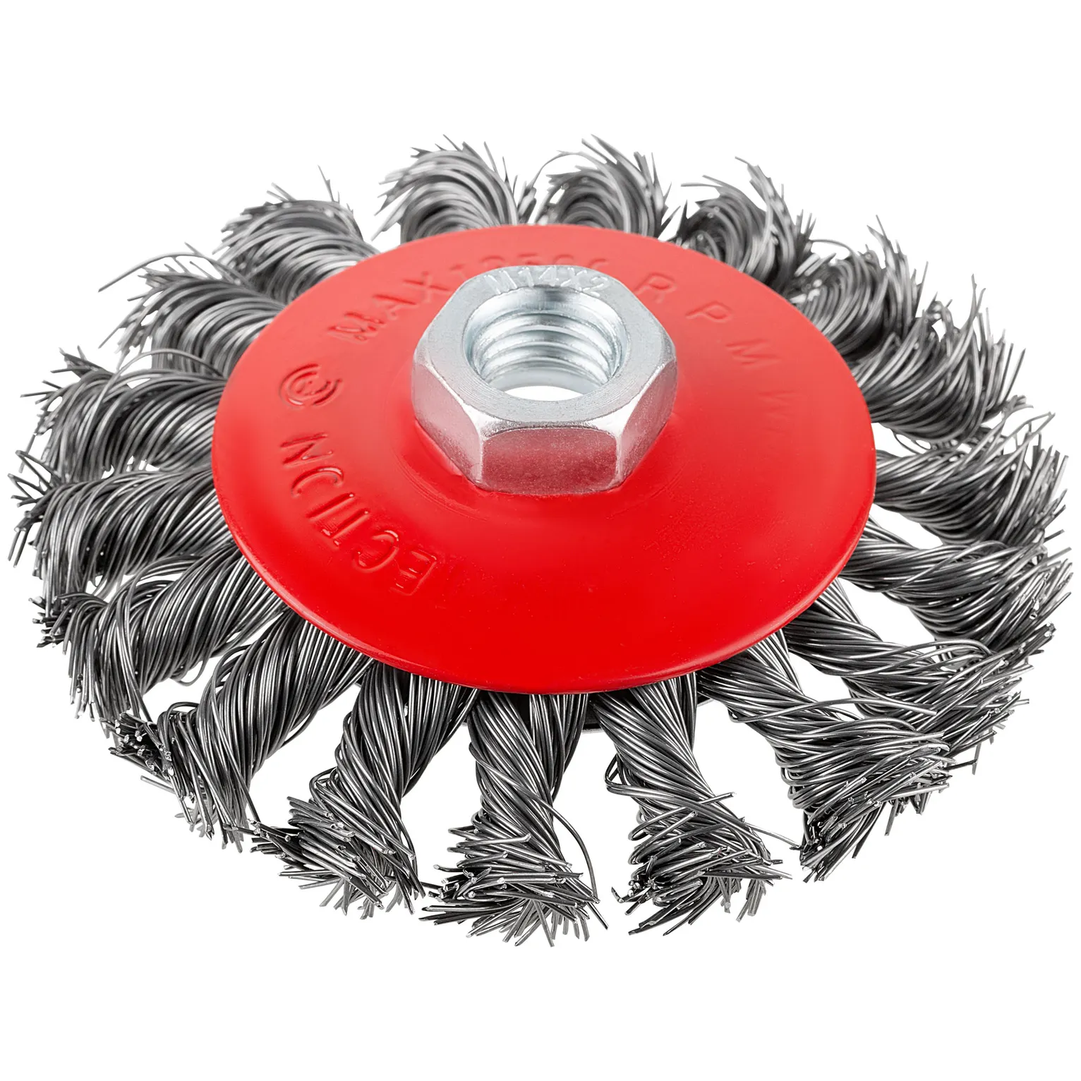 Корщетка-колесо с наклоном, гайка М14, стальная витая проволока 100 мм, блистер КУРС 39087