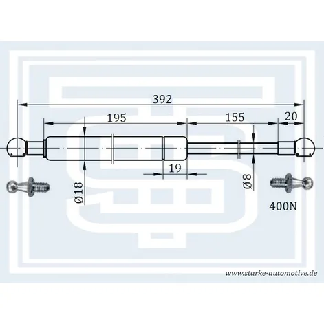 Амортизатор капота NISSAN MAXIMA QX IV-V (A32/A33) --11.2003 L392mm / 400N STARKE 189-201