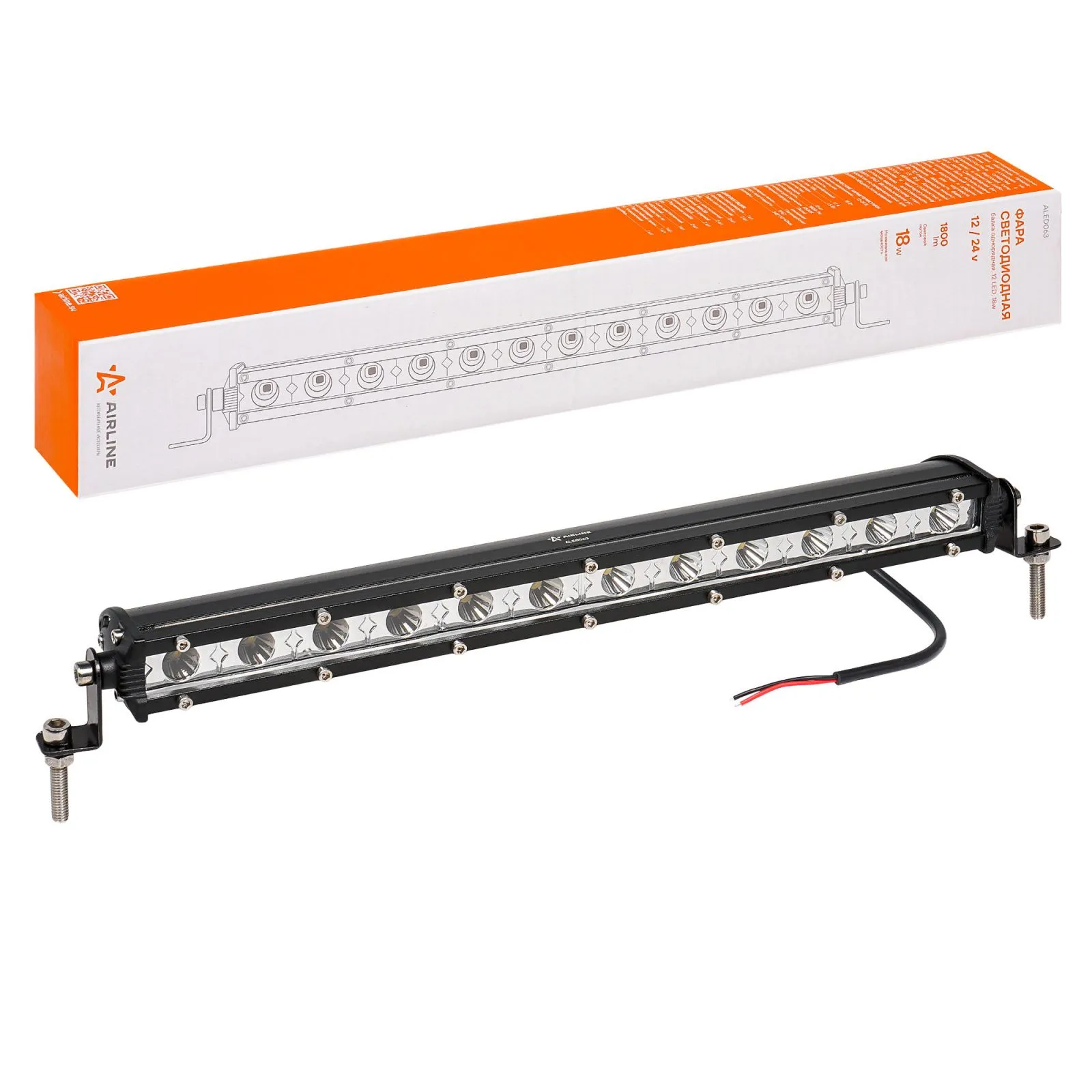 Фара светодиодная (балка) однорядная 12LED, направленный свет, 18Вт, 343x30x47мм, 12/24В AIRLINE ALED063