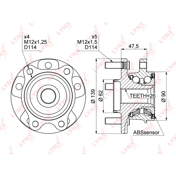 Ступица передняя в сборе L=R TOYOTA Auris 07->/Corolla 06-> LYNXauto WH-1012