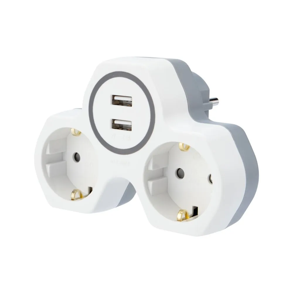 Двойник электрический REXANT 16 А с заземлением и защитными шторками + 2 USB порта, 2,4 А, белый REXANT 111089