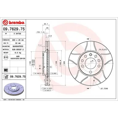 Диск тормозной передний OPEL ASTRA 1.4-2.0TDI 2.2TDI 98 OPEL ASTRA H BREMBO 09762975