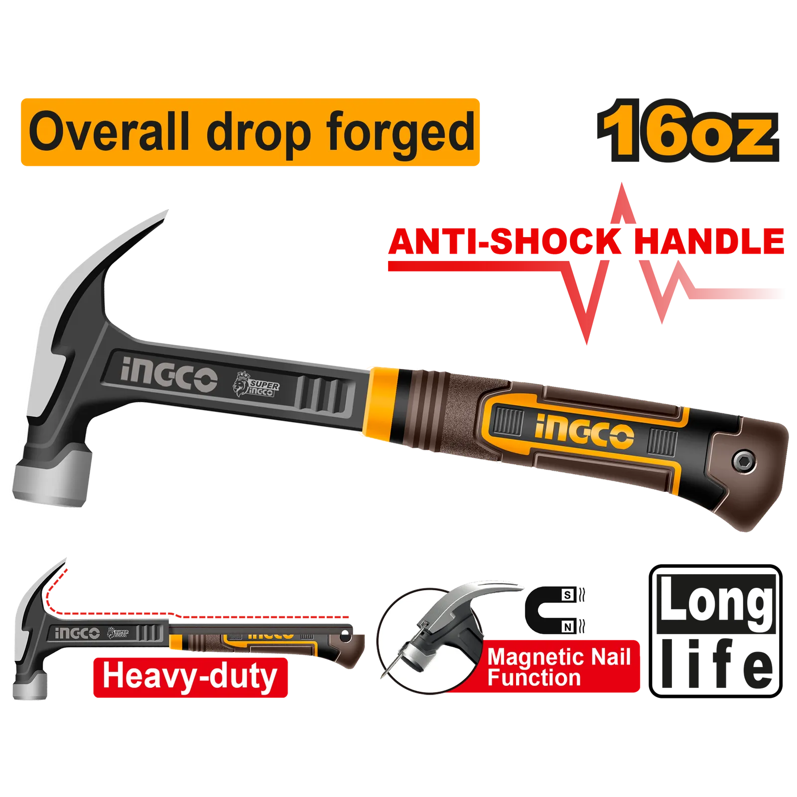 Молоток-гвоздодер 450 г (6/12) INDUSTRIAL INGCO HCH81016L