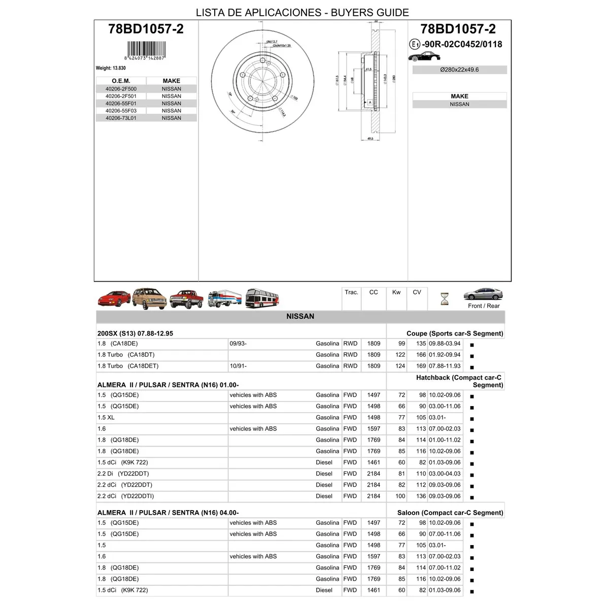 Диск тормозной передний NISSAN ALMERA (N16)/ PRIMERA (P11) ICER 78BD1057-2