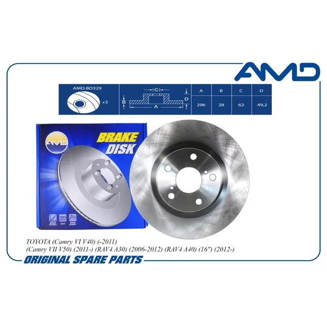 Диск тормозной передний TOYOTA CAMRY/RAV4 2.0/2.4L ALL 06-> /VENT D=296MM AMD AMD.BD329