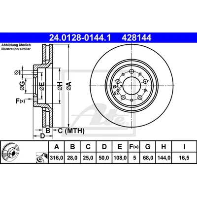 Диск тормозной передний VOLVO S60/XC90 ALL 00-10 /D=316MM ATE 24.0128-0144.1