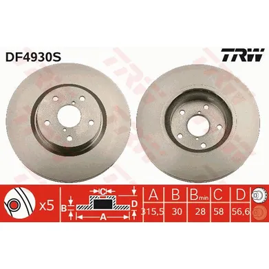 Диск тормозной передний SUBARU TRIBECA 06-> /VENT.D=315.5MM TRW DF4930S
