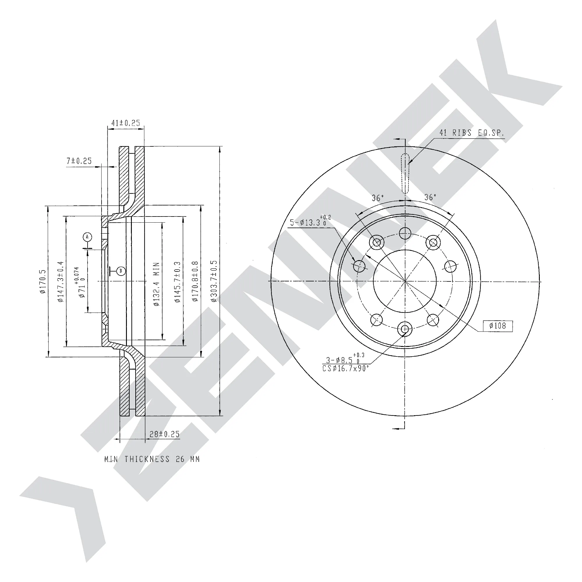 Диск тормозной передний CITRON C5 08-, JUMPY 06-(2 шт) ZENNEK DBD0186