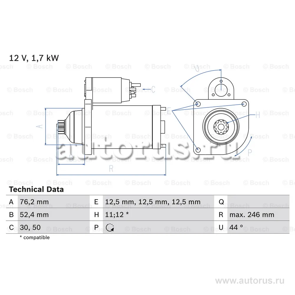 Стартер 1.7Kw 12V Seat Altea Leon II, Skoda Fabia Octavia, Audi A1 1.2 2.0TDI 09> BOSCH 0 986 024 100
