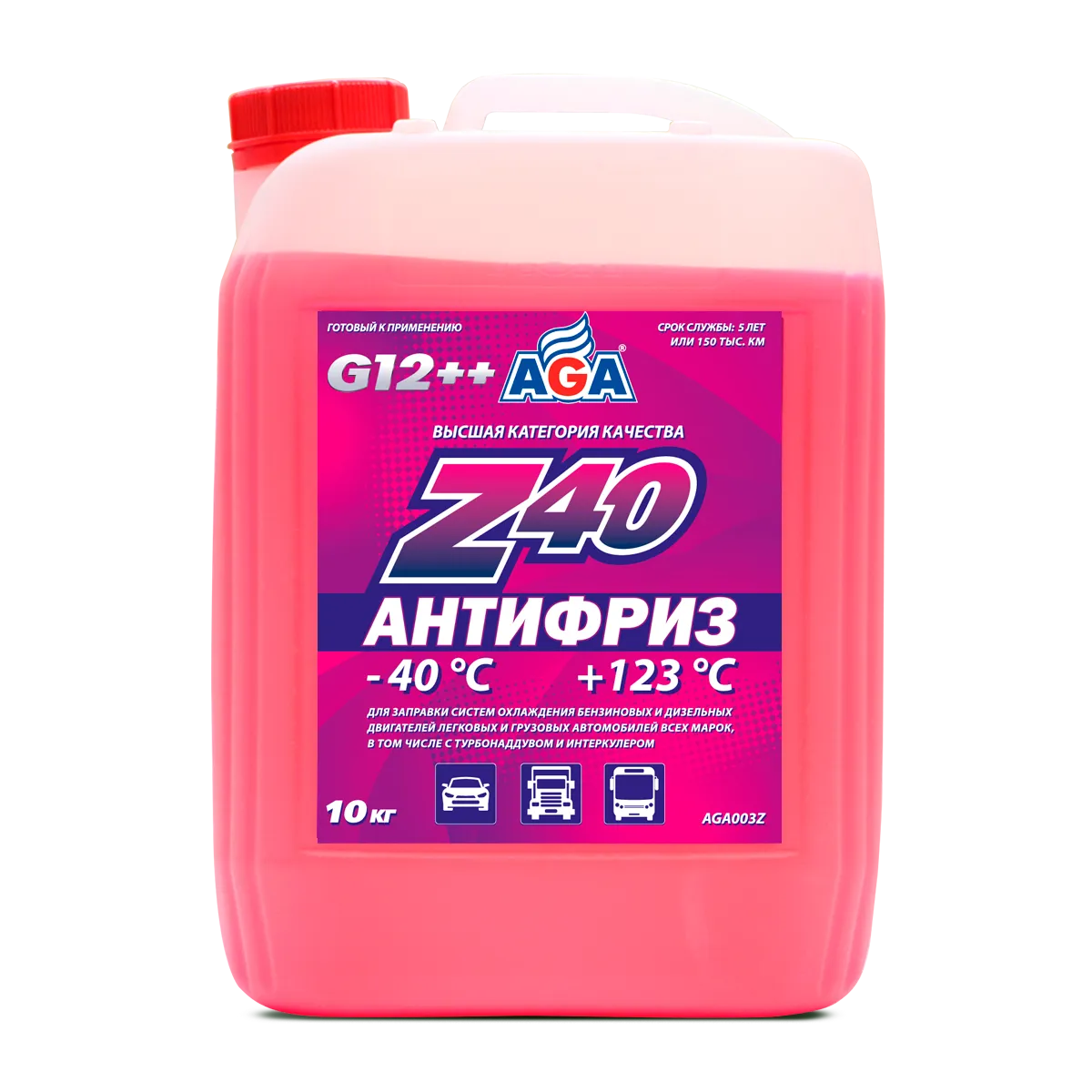 Антифриз AGA Z-40 G12++ готовый -40C красный 10 кг AGA003Z