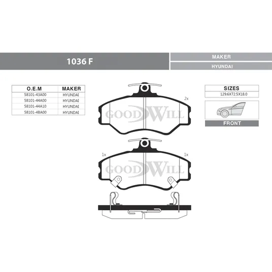 Колодки тормозные дисковые передние, комплект HYUNDAI Porter H100 GOODWILL 1036 F