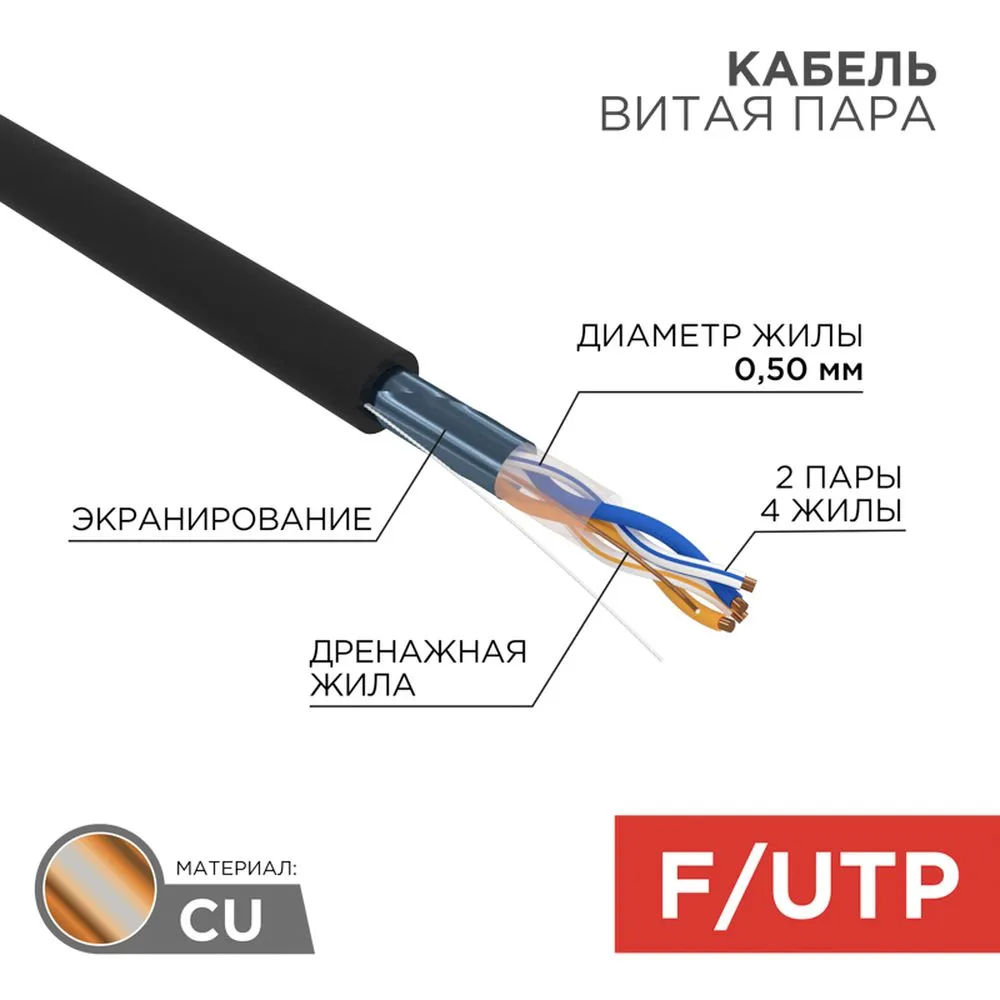 Кабель витая пара F/UTP, категория 5e, PE, 2PR, 24AWG, внешний, черный, 305 м REXANT 01-0124