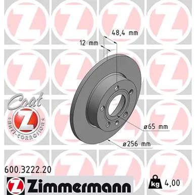 Диск тормозной задний AUDI A3/Q5, VW BEETLE/CADDY/GOLF V/GOLF PLUS/JETTA ZIMMERMANN 600.3222.20