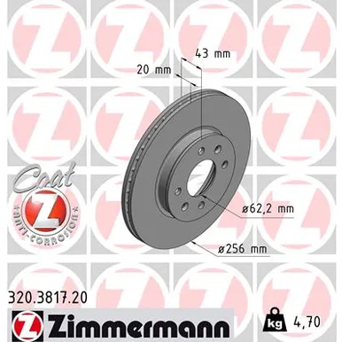 Диск тормозной передний с покрытием KIA PICANTO III 17-> ZIMMERMANN 320.3817.20