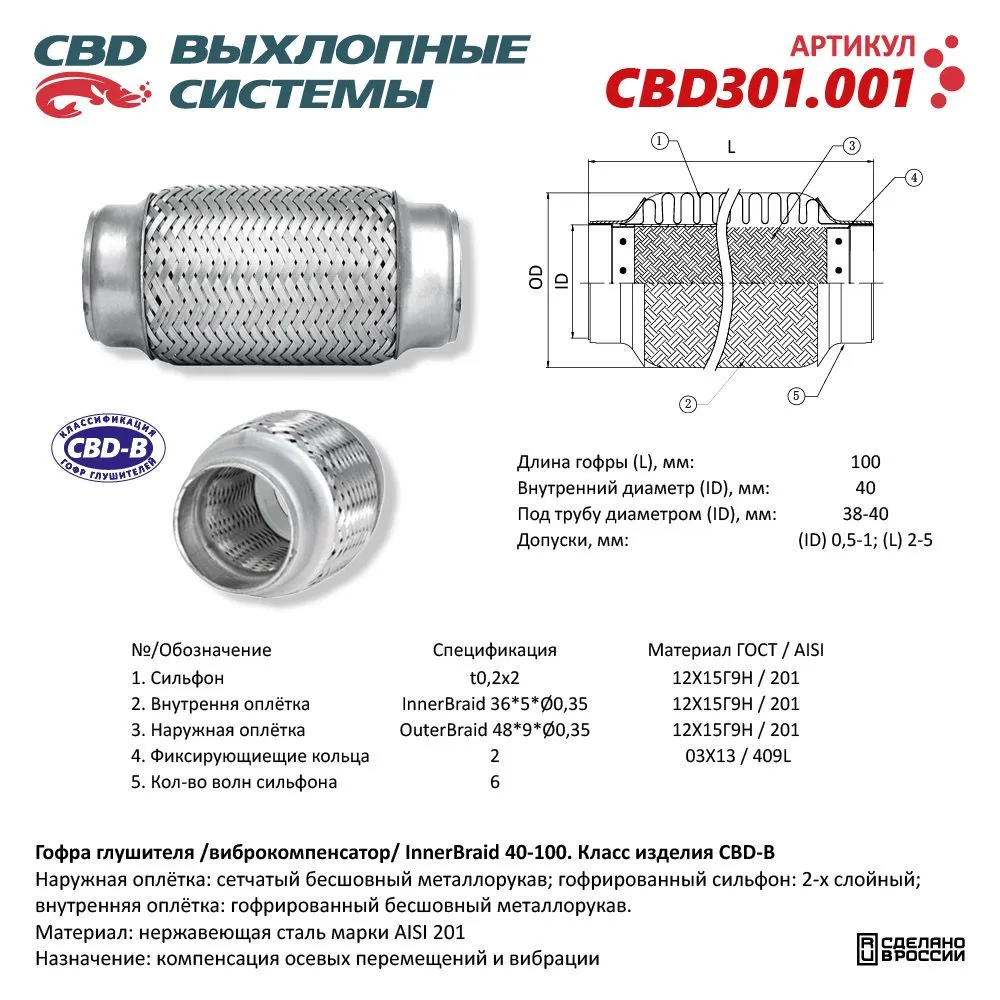 Гофра глушителя 3-сл Innerbraid 40-100. CBD301.001