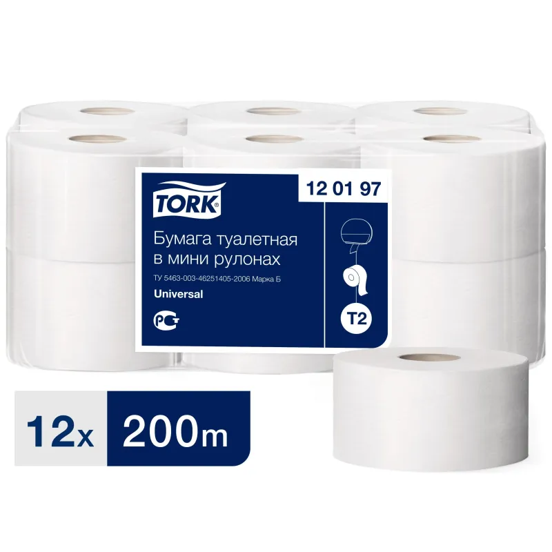 Бумага туалетная д/дисп.Tork Universal Т2 1сл бел втор 200м 12рул/уп 120197 150310