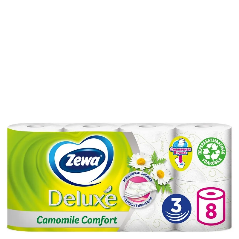 Бумага туалетная Zewa Deluxe ром 3с бел100цел втул20,7м 150л 8рул/уп 5365 322918