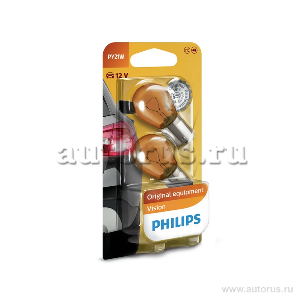 Лампа 12V PY21W 21W 280lm BAU15s 3200K PHILIPS Vision 2 шт. блистер 12496NAB2