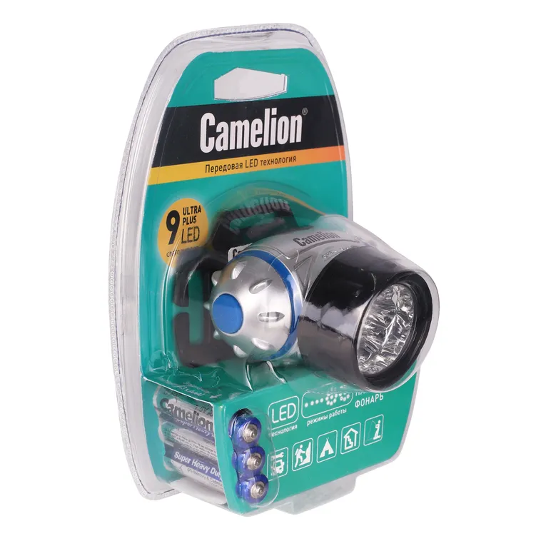 Фонарь налобный светодиодный 9LED 4 режима 3xR03 блистер HEADLITE LED53179Mx Camelion 7790