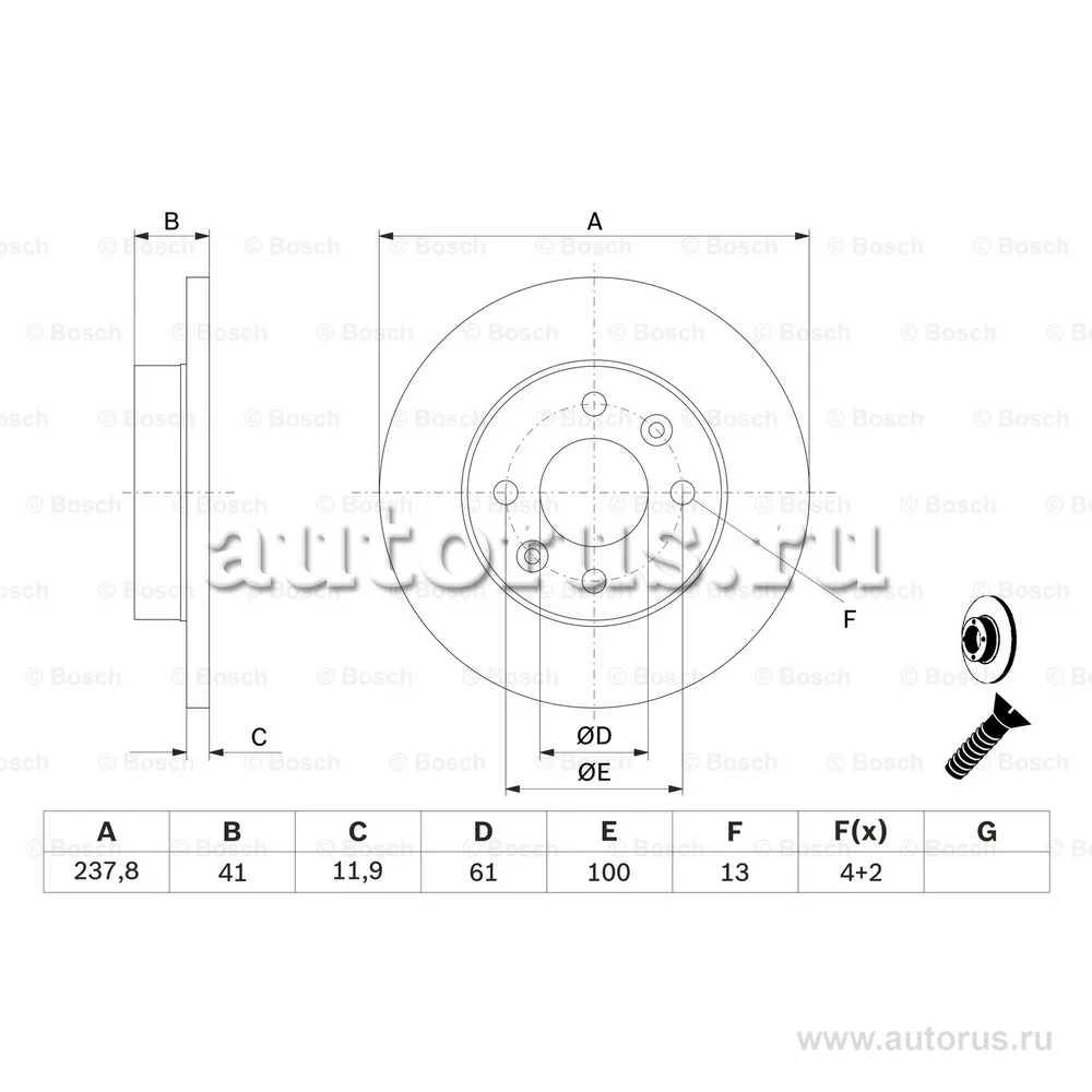 Диск тормозной RENAULT LOGANCLIOMEGANESANDERO передний не вент.D238 мм. BOSCH 0 986 478 105