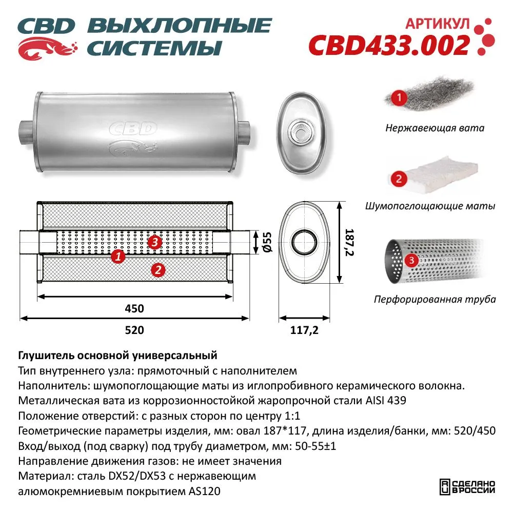 Глушитель Нержавеющий. Овал D187x117, L528/450. Прямоточный под трубу 50-55мм. CBD CBD433.002