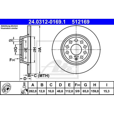 Диск тормозной задний VAG A3/OCTAVIA II/GOLF V/PASSAT B6 /D=282MM ATE 24.0312-0169.1