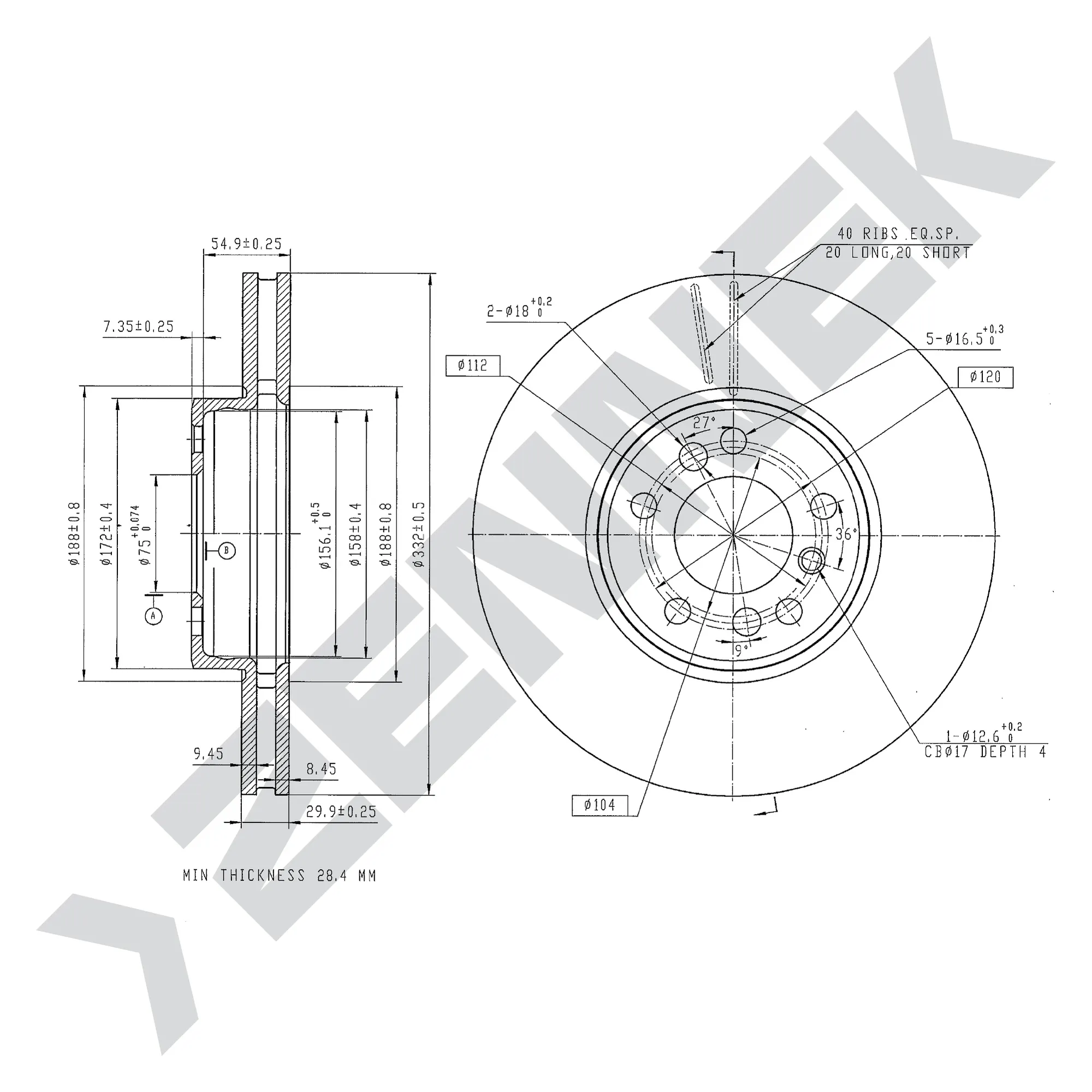 Диск тормозной передний BMW X3 E83 03-10, BMW X5 E53 99-06 (1 шт) ZENNEK DBD0194