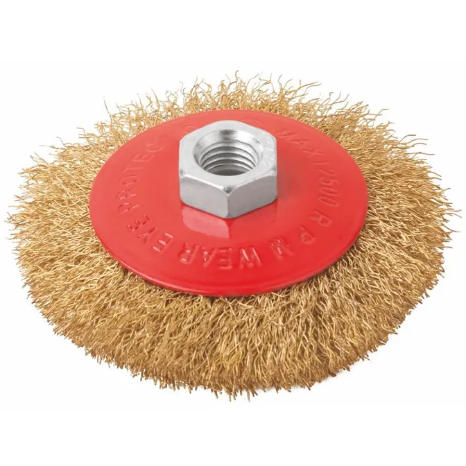 Корщетка-колесо с наклоном, гайка М14, стальная латунированная волнистая проволока 115 мм, блистер KУРС 39084