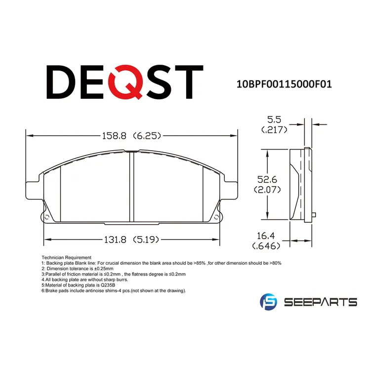 Колодки тормозные, передние NISSAN PATHFINDER 97-04/X-TRAIL 01-07 DEQST 10BPF00115000