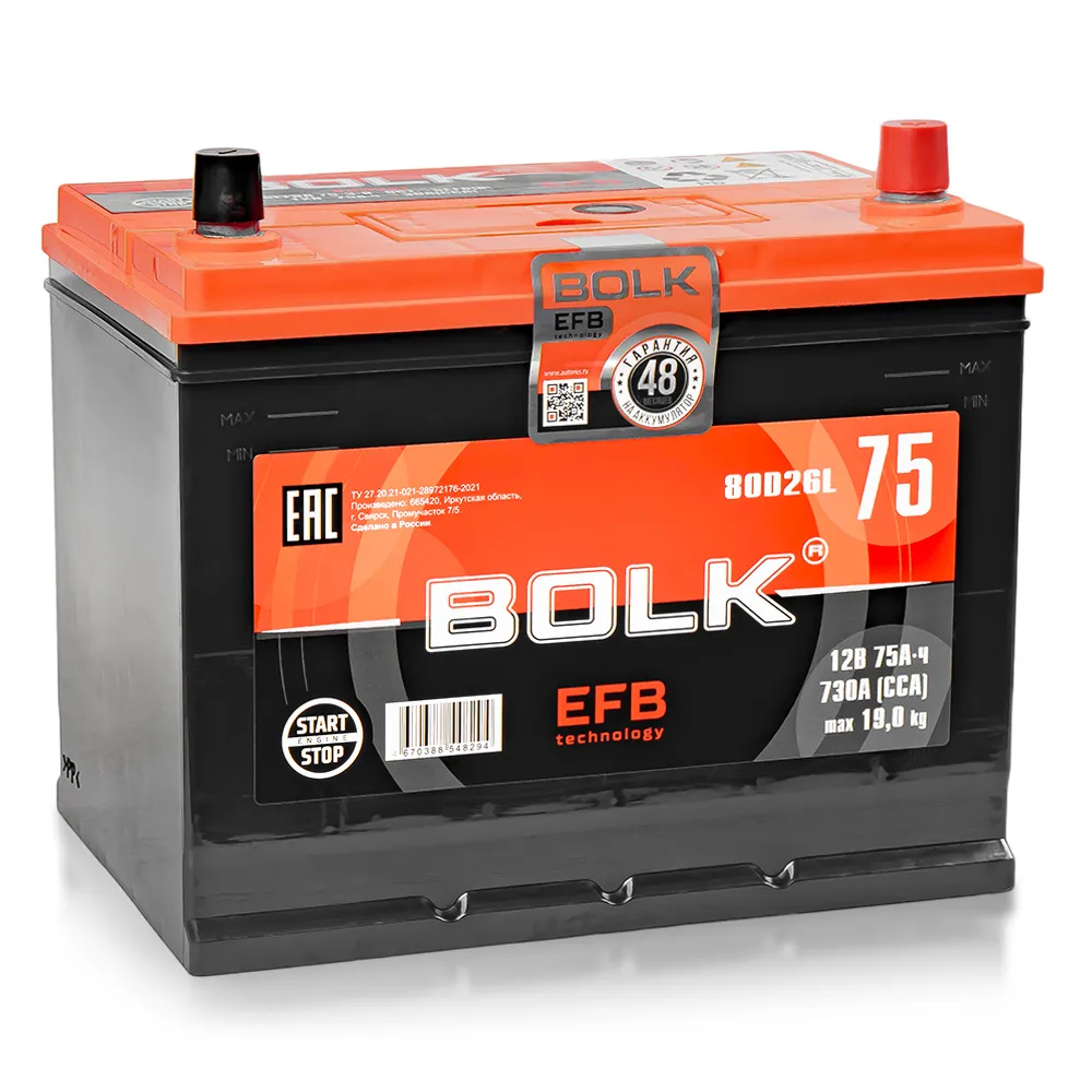 Аккумулятор BOLK EFB ASIA 75 А/ч, прямой L+, 260-175-225 D26 EN 730 A BOLK ВEFBА 75-З-L