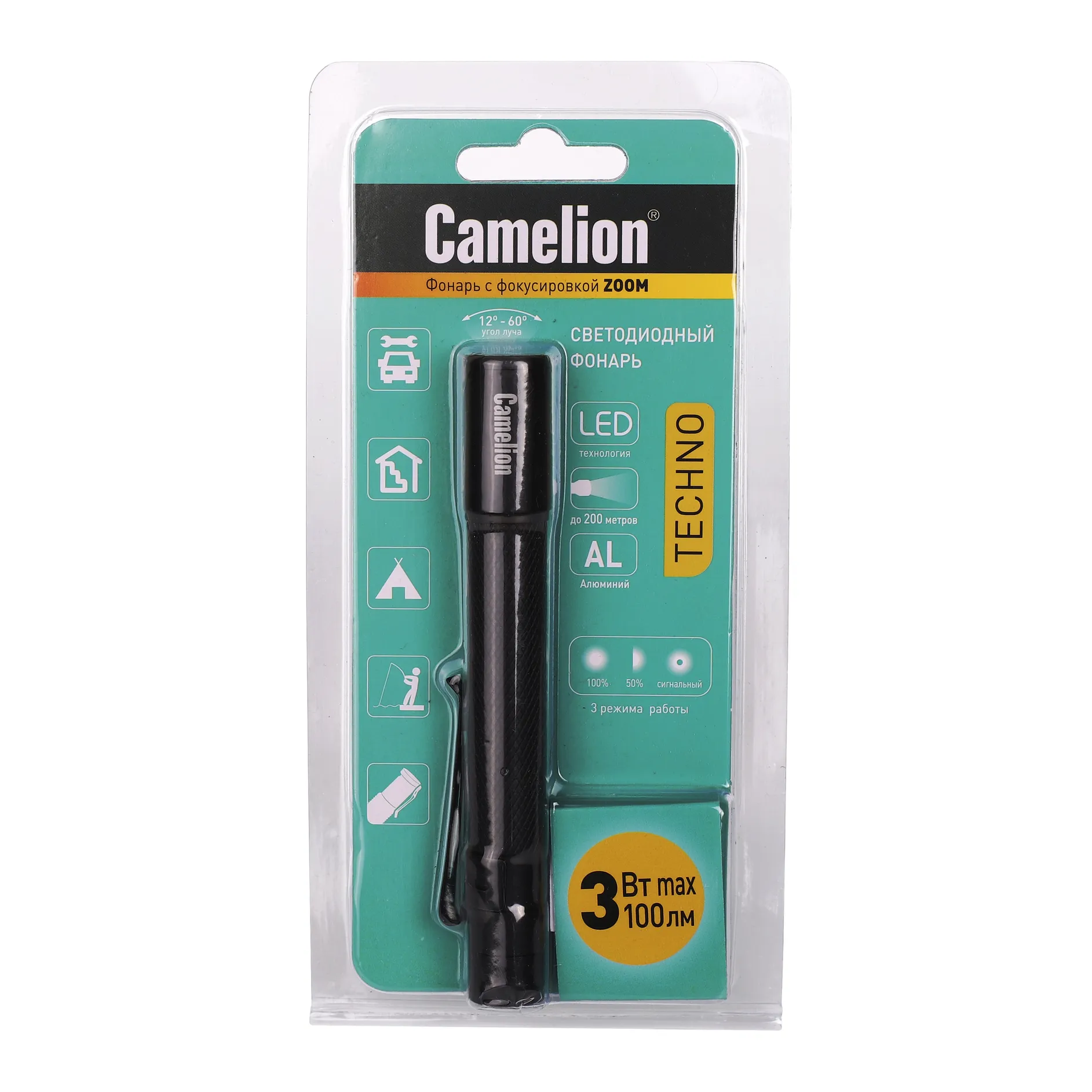 Фонарь, черн., LED XPE, ZOOM, 3 реж 2XLR03, алюм., откр. блистер Camelion LED51533