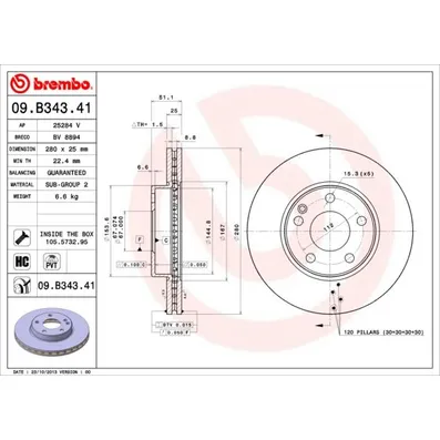 Диск тормозной передний вент.[280X25] 5 отверстий [MIN2] BREMBO 09.B343.41