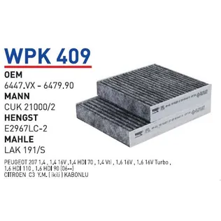 Фильтр салонный (угольный) PEUGEOT 207/CITROEN DS3 2009=> WUNDER FILTER WPK409