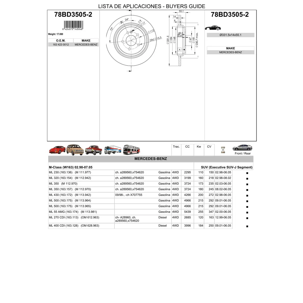 Диск тормозной задний MB ML (W163) 99-05 /D=331,5MM ICER 78BD3505-2