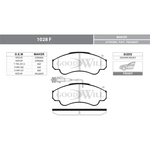 Колодки тормозные дисковые передние, комплект CITROEN, FIAT, PEUGEOT (датчик) GOODWILL 1028f