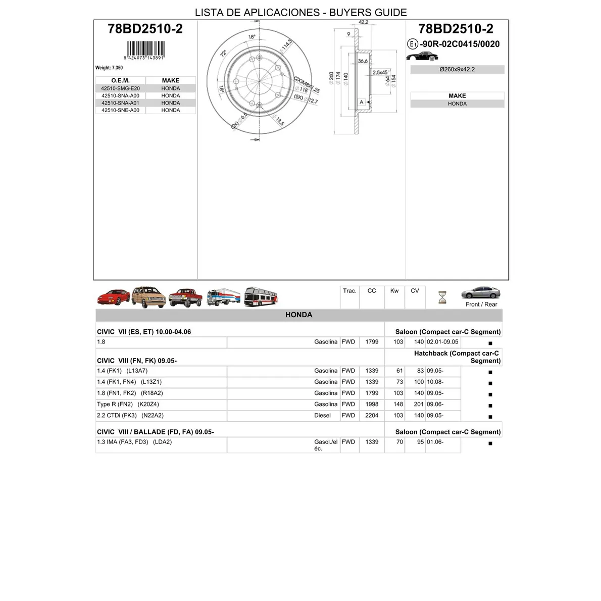 Диск тормозной задний HONDA CIVIC 4D 06- ICER 78BD2510-2