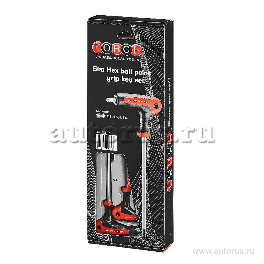 Набор г-образных шестигранных ключей 234568мм, с шаром в ложементе 6пр. FORCE 50637