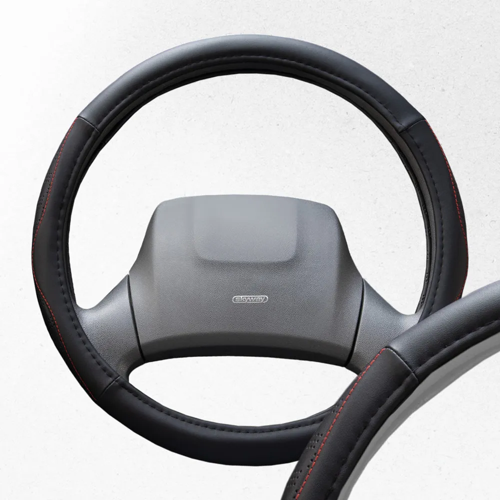Оплетка руля SKYWAY кожаная черная с красной строчкой (L) SKYWAY S01102343