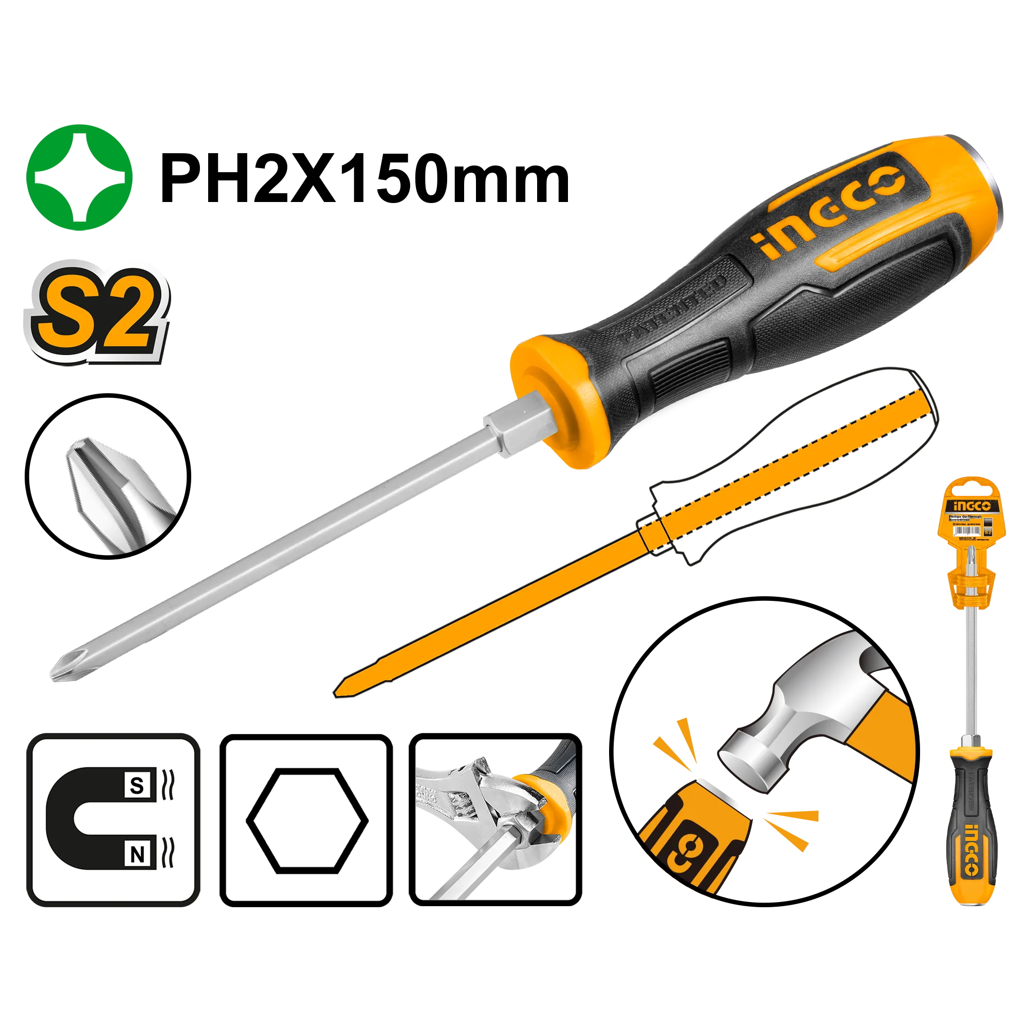 Отвертка крестовая ударная PH2 x 150 INDUSTRIAL INGCO HGTS68PH2150