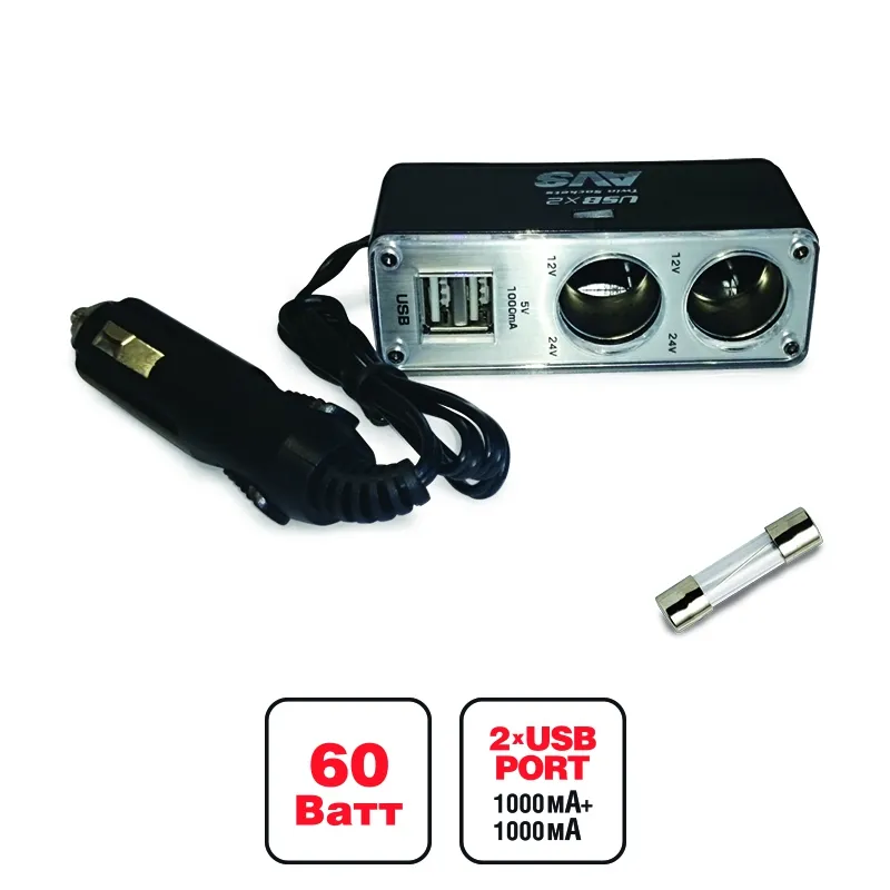 Разветвитель прикуривателя! 12/24V, на 2 выхода + 2 USB, , Max Вт AVS 43262