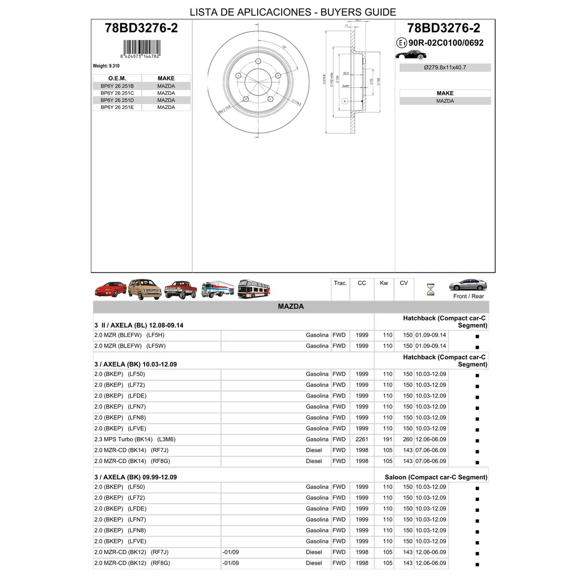 Диск тормозной задний MAZDA 3/5/PREMACY ICER 78BD3276-2