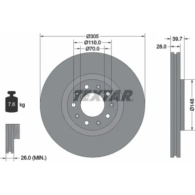 Диск тормозной передний с покрытием PRO ALFA ROMEO/DODGE TEXTAR 92220803