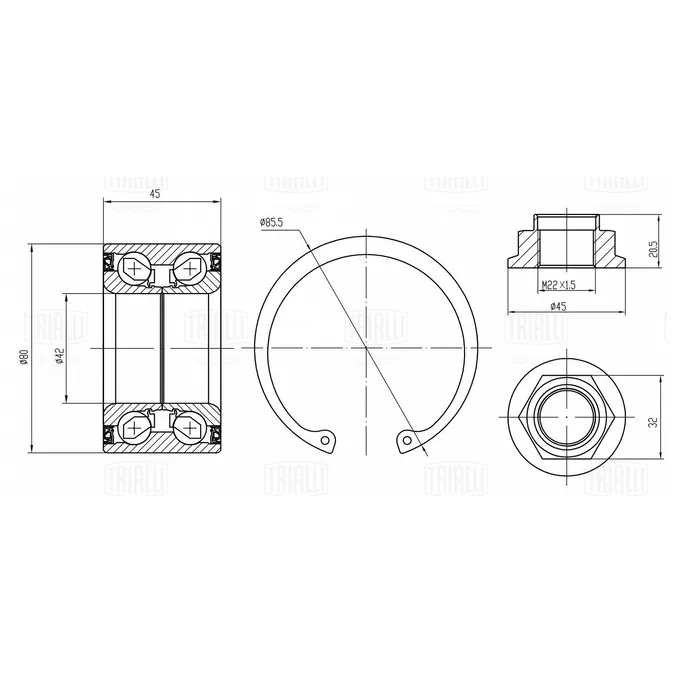 Подшипник ступицы для а/м Mazda 3 (03-) без ABS перед. (кмпл: подшип./кольцо/гайка) TRIALLI CS 1824