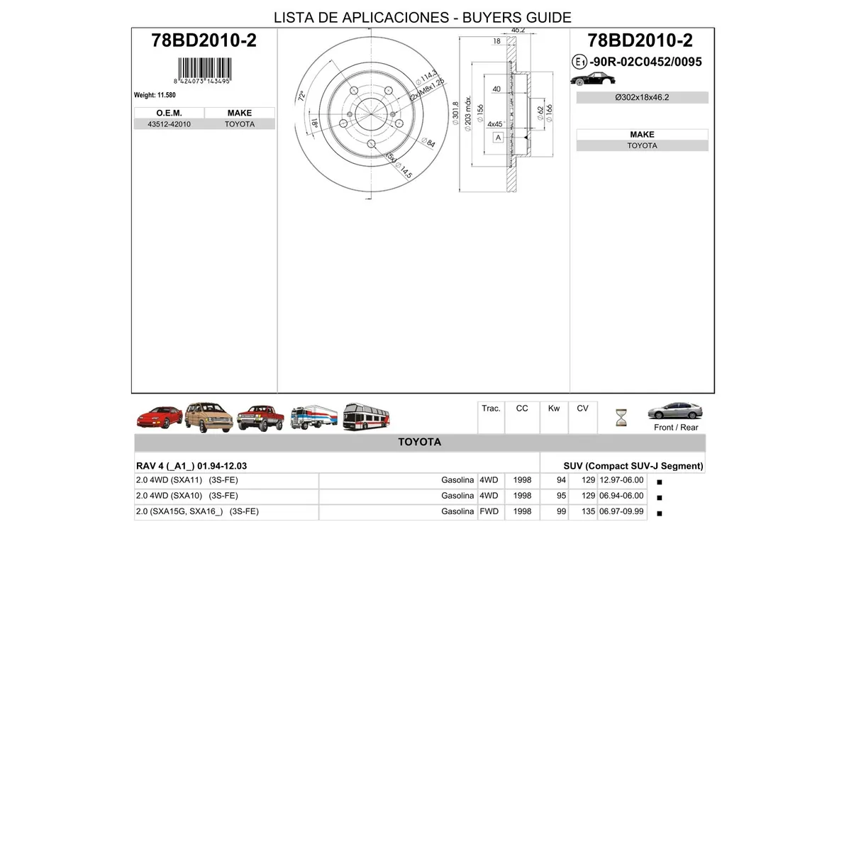 Диск тормозной передний TOYOTA RAV 4 I 94-00 ICER 78BD2010-2