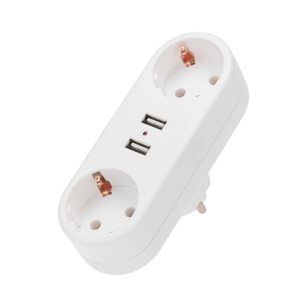 Двойник электрический линейный 16 А с заземлением + 2 USB-порта, 2,4 А, белый REXANT 11-1090