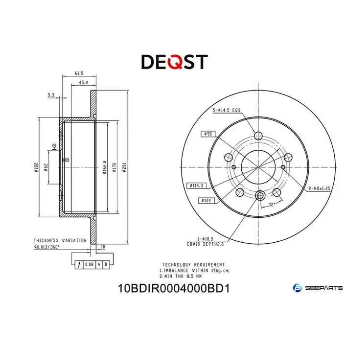 Диск тормозной LEXUS ES 3.5 06-12, TOYOTA CAMRY 2.4/3.5 01-06, CA DEQST 10BDIR0004000
