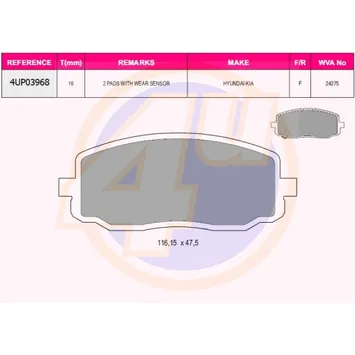Колодки передние HYU I10/KIA PICANTO 1.0/1.1/1.1CRDI 04-(с 2 датчиками) 4U 4UP03968